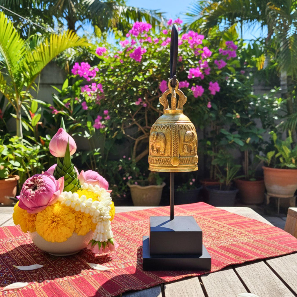 Minimalist Golden Bell Stand: Polished Thai Temple Bell Modern Decor
