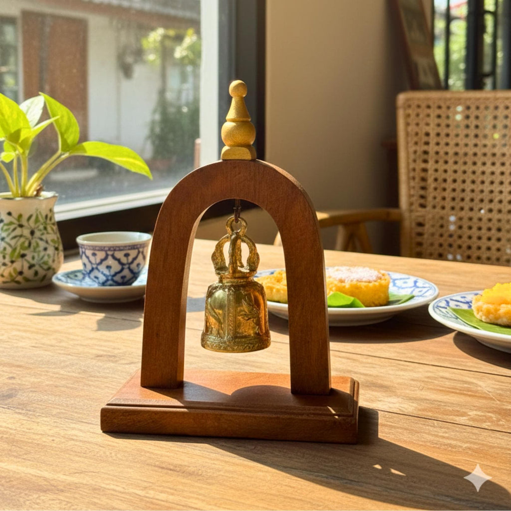Handcrafted Wood Arch Bell Stand: Golden Temple Bell Meditation Decor