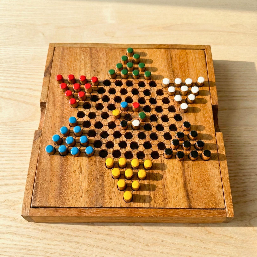Hand Carved Wood Chinese Checkers Set: Rustic Portable Board Game, Toy & Puzzle