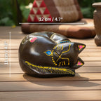 Teak Wood Sleeping Cat Figurine, 5 Inch Curled Animal Statue, Housewarming Gift for Cat Lover - Siam Wood Artisans