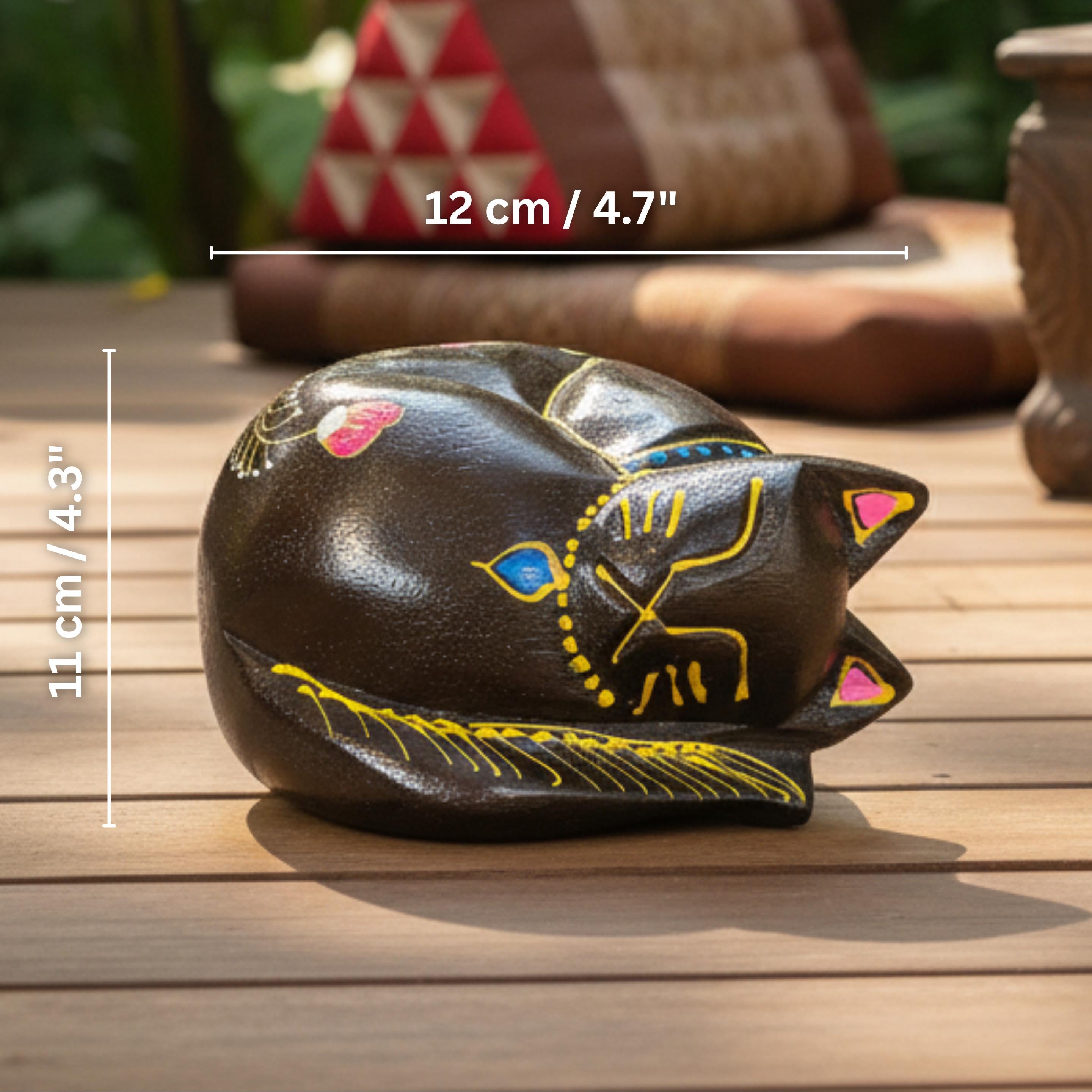 Hand Painted Wooden Sleeping Cat Figurine: Unique Animal Decor Gift