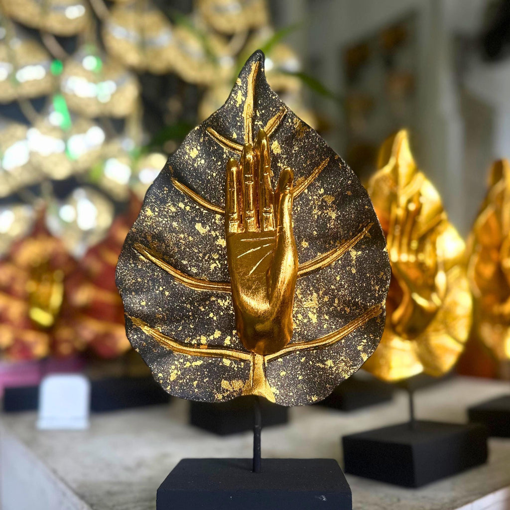 Golden Mudra Hand Sculpture: Thai Meditation Decor in Lotus Leaf