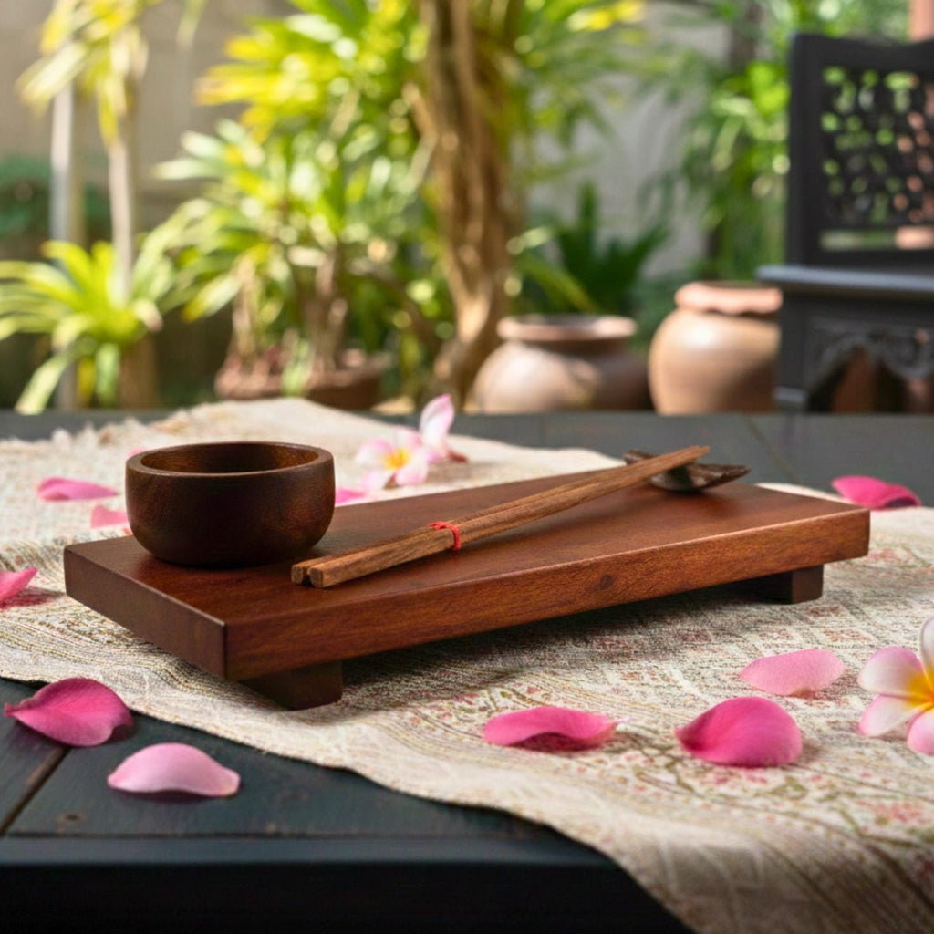 Hand Carved Wood Sushi Serving Platter: Warm Tone Asian Fusion Tableware