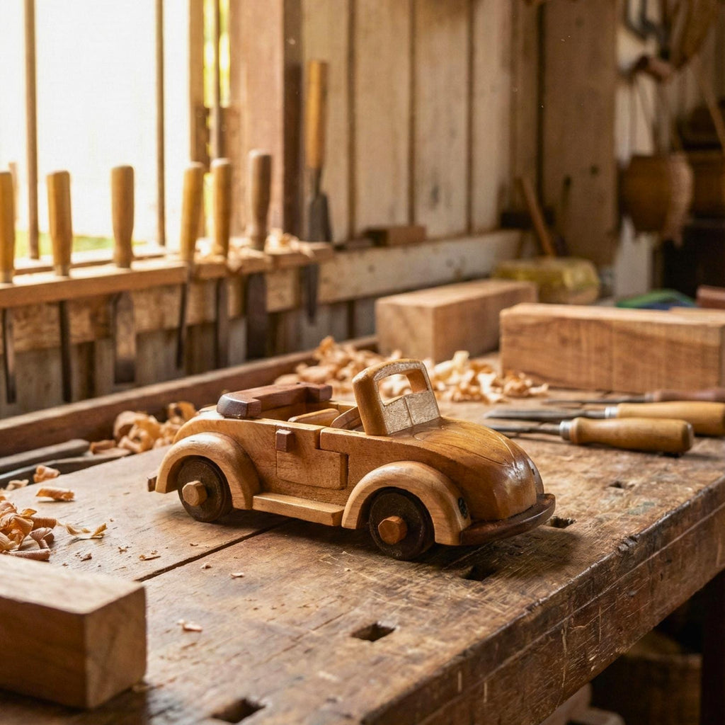 Hand Carved Wood Model Beetle Car: Vintage Automobile Desk Decor