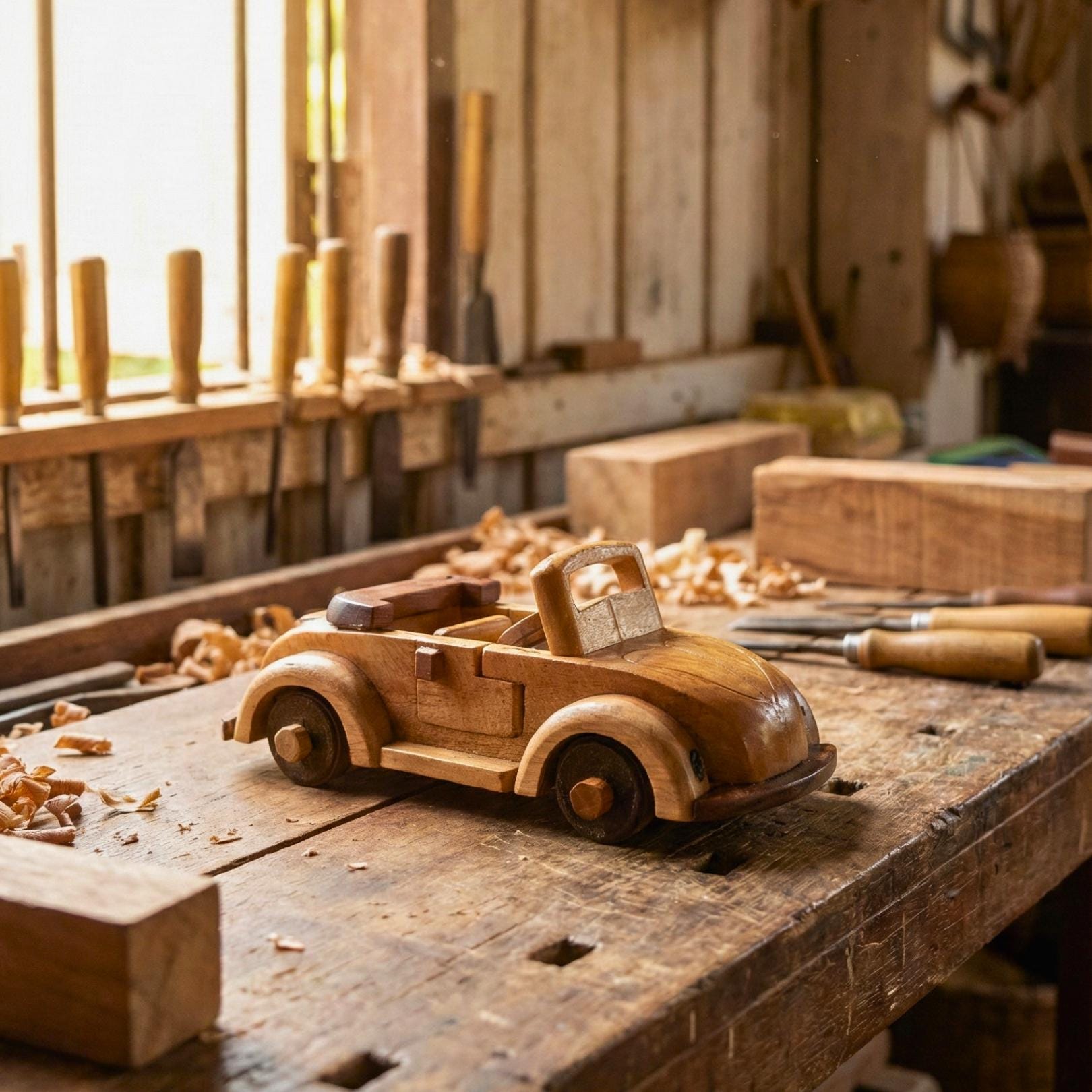 Hand Carved Wood Model Beetle Car: Vintage Automobile Desk Decor