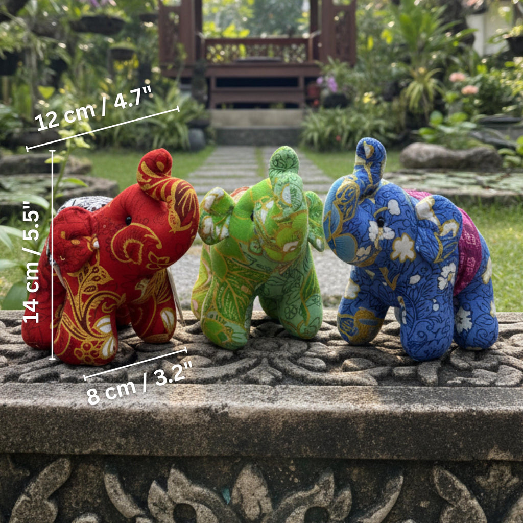 Plush Elephant Figurine Set of 3: Thai Fabric Home Decor Trio