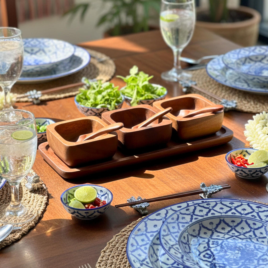 Hand Carved Wood Condiment Set of 3: Thai Tableware Serving Dishes