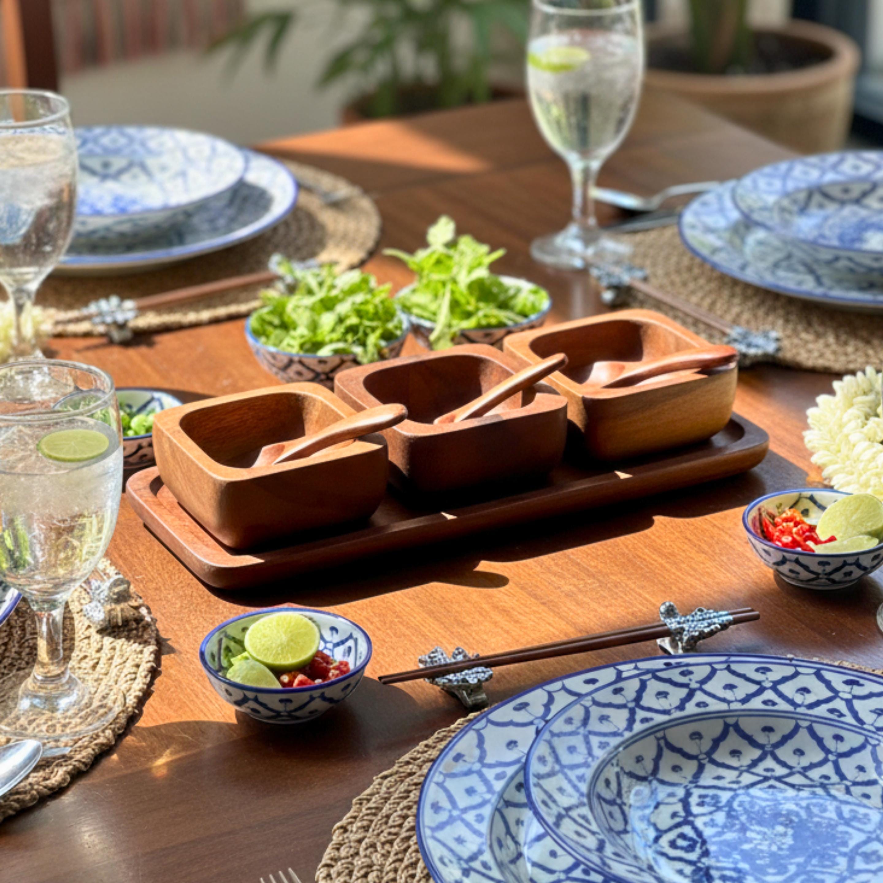 Hand Carved Wood Condiment Set of 3: Thai Tableware Serving Dishes