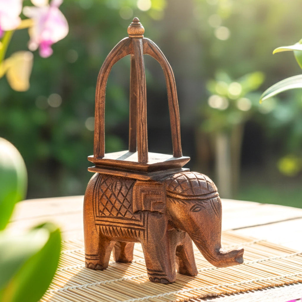 Hand Carved Wood Ceremonial Elephant: Thai Display Riser & Home Decor