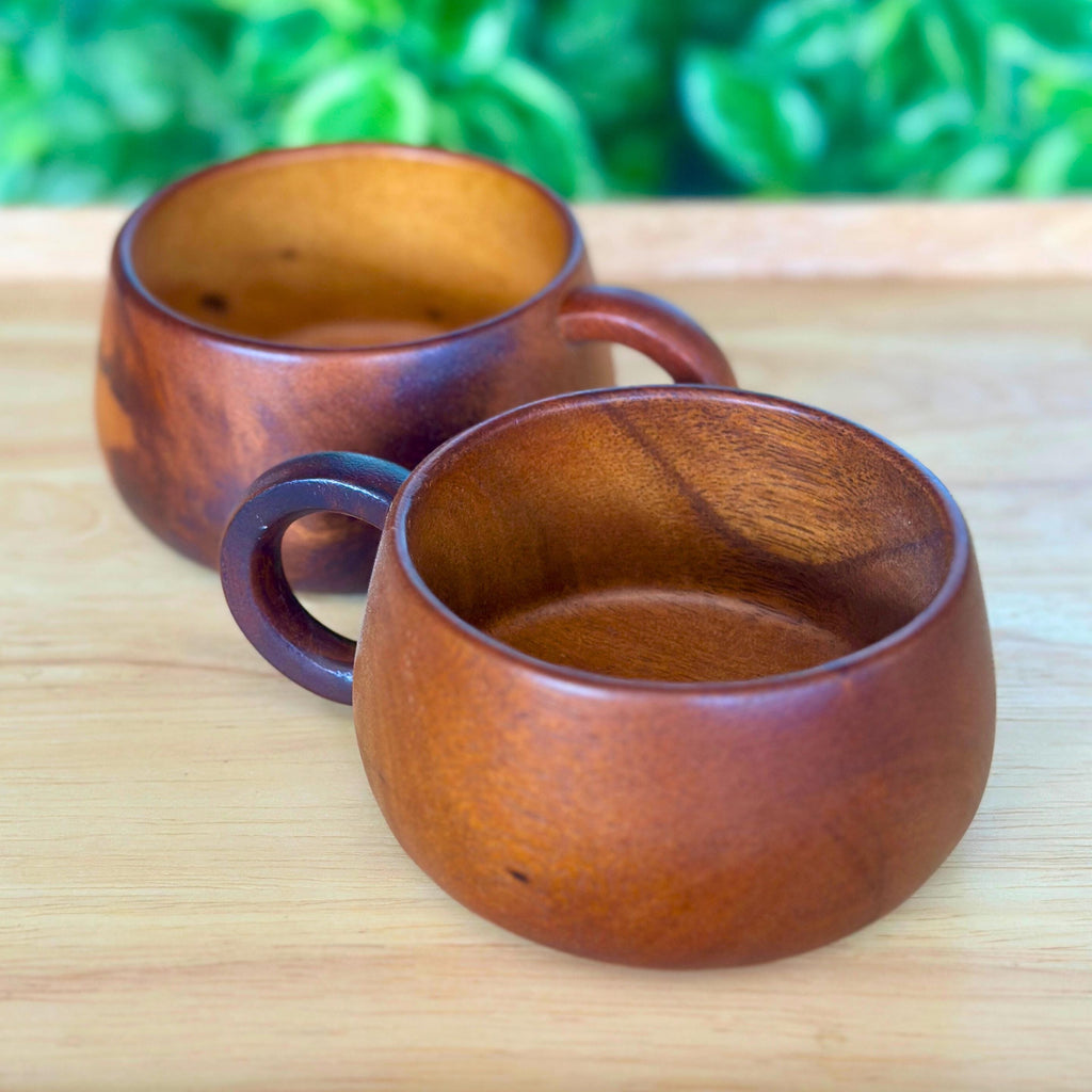 Hand Carved Wooden Coffee Mug Set: Two Teak Wood Tea Cups