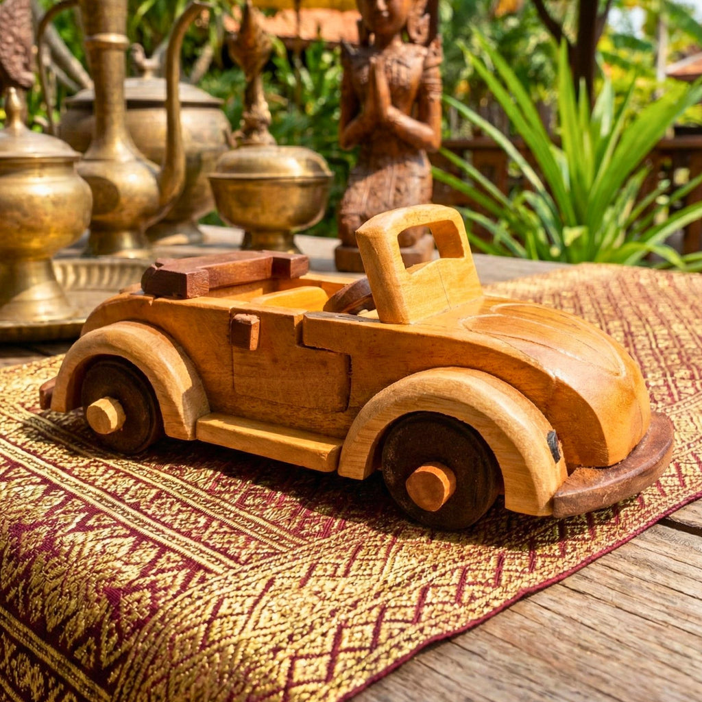 Hand Carved Wood Model Beetle Car: Vintage Automobile Desk Decor