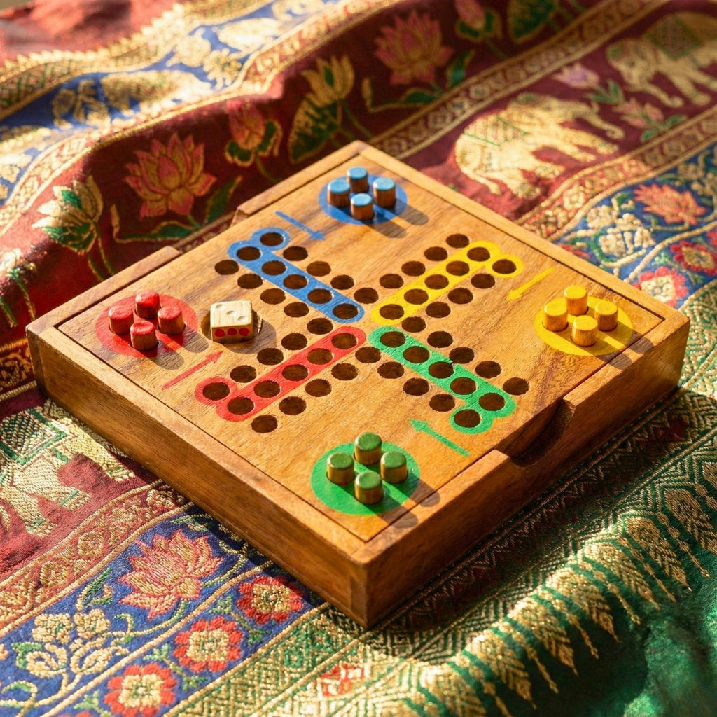 Hand Carved Wood Ludo Game Set: Rustic Portable Board Game Toy