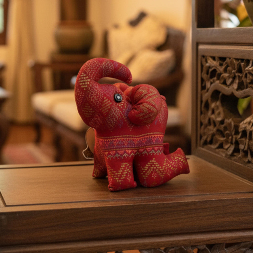 Signature Plush Elephant Figurine (Red): Statement Thai Home Decor