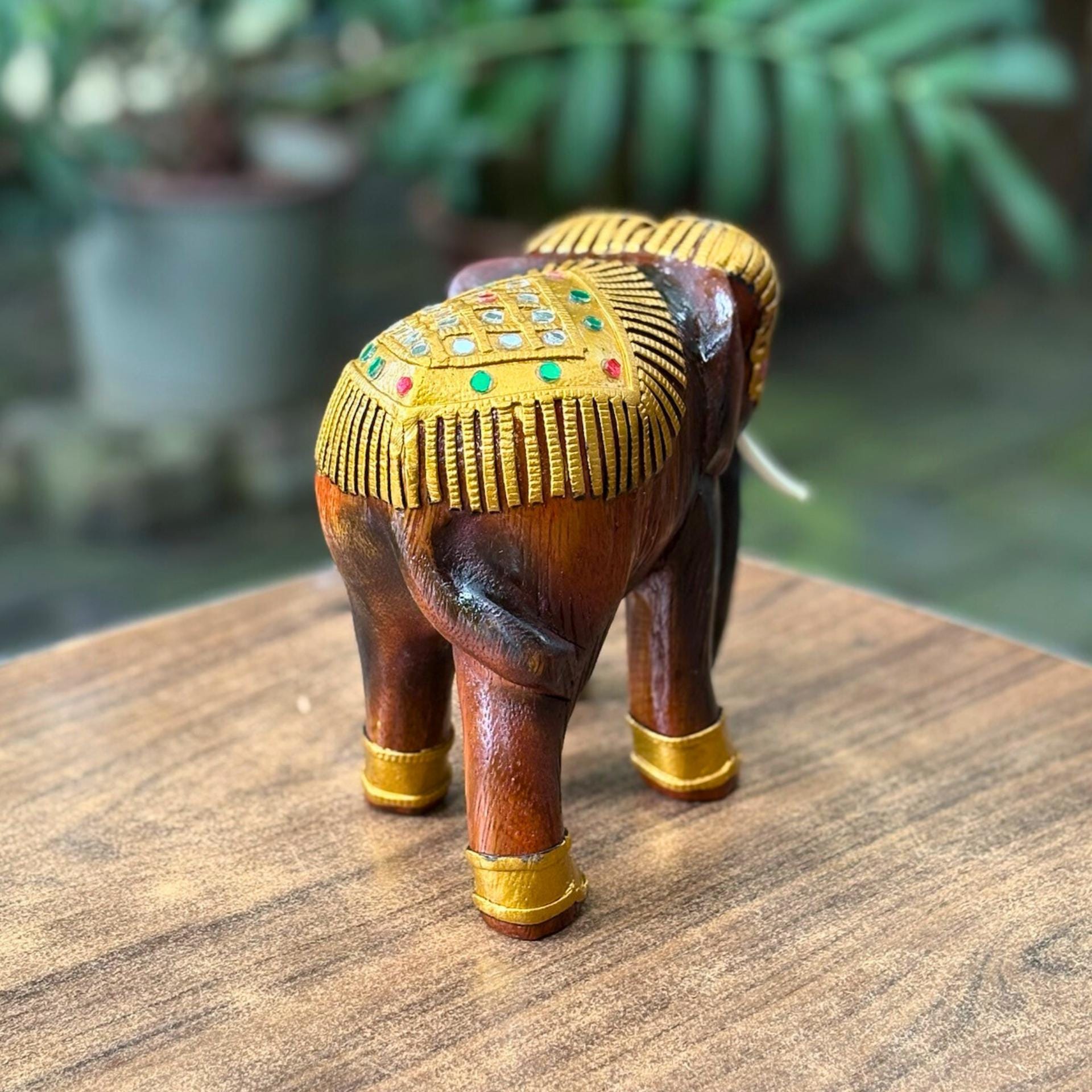 Wooden Elephant Sculpture, Handcarved Thai Decor: Golden Elephant Figurine, Cultural Folk Art Accent