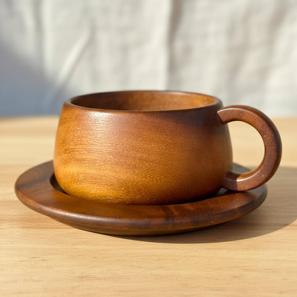 Hand Carved Wood Coffee Cup & Saucer: Rounded Minimalist Teaware Set