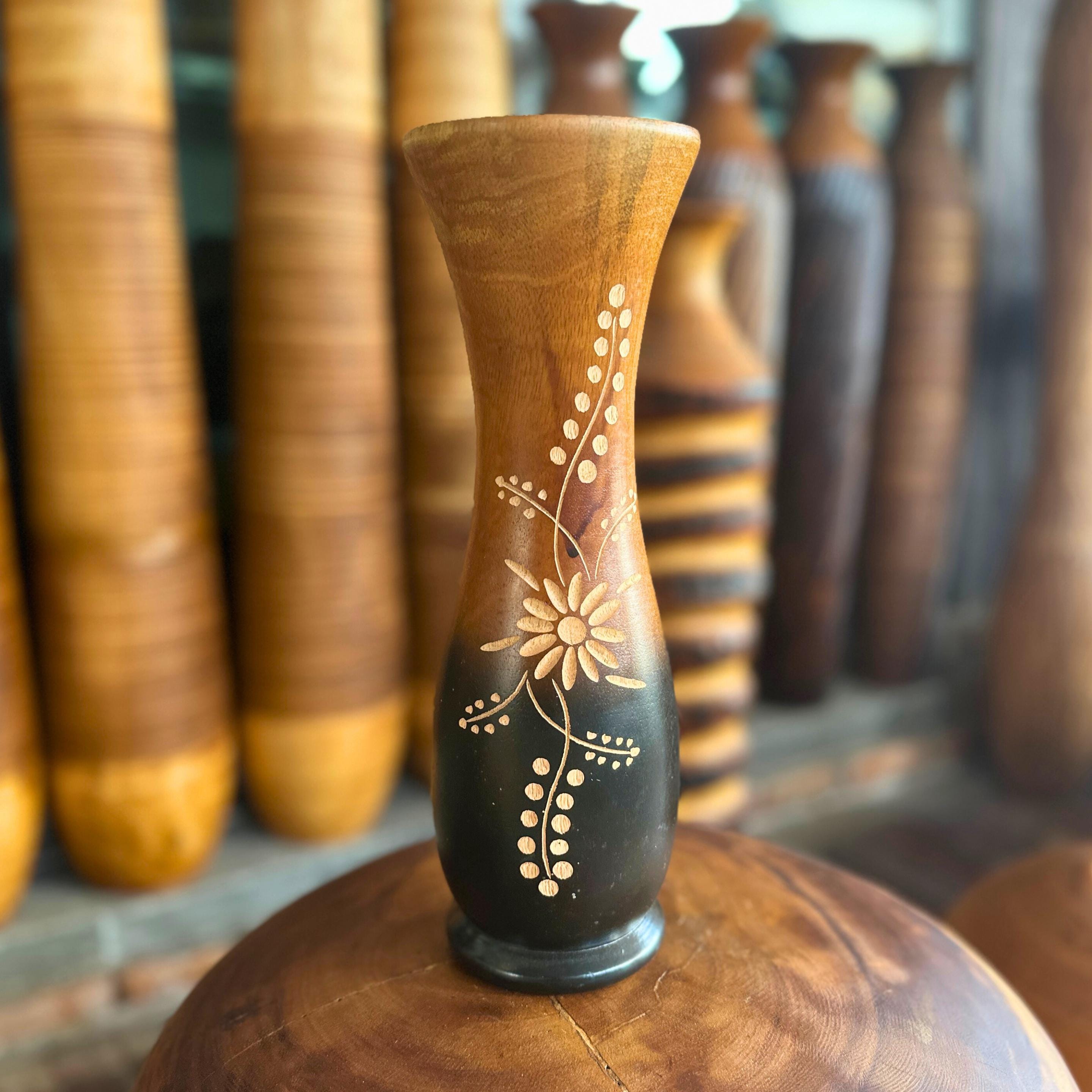 Hand Carved Wooden Tabletop Vase: Two Tone Floral Rustic Centerpiece