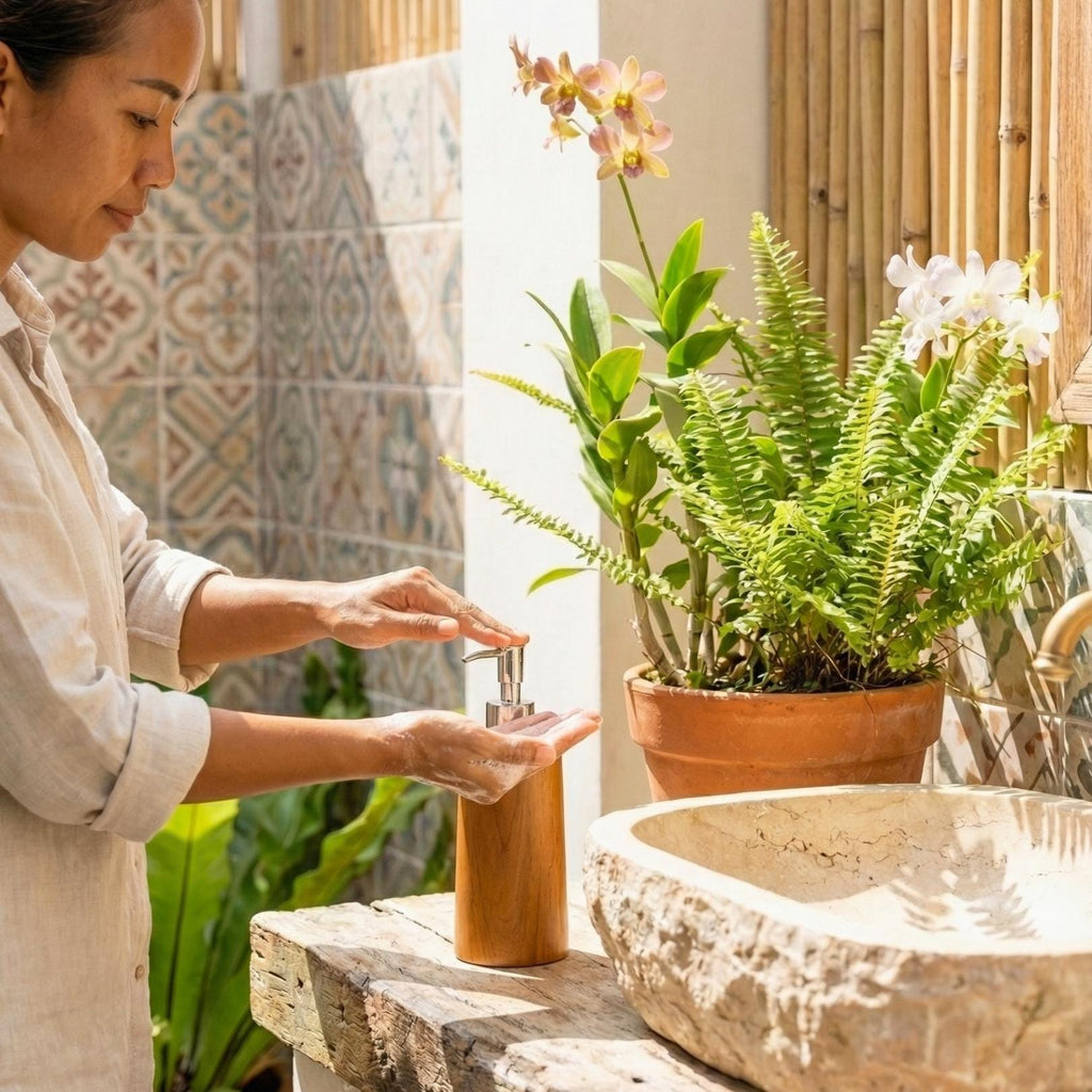 Hand Carved Teak Upcycled Wood Soap Dispenser: Rustic Bathroom Decor