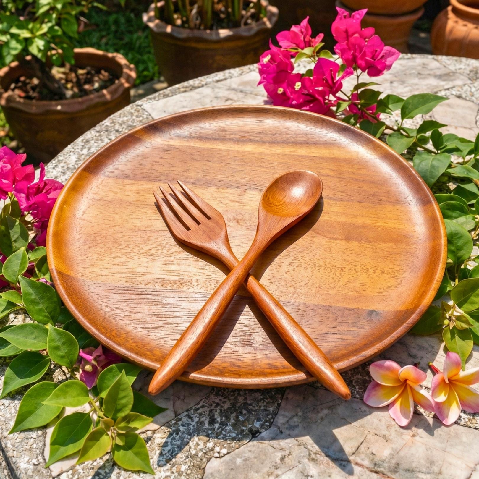 Hand Carved Upcycled Teak Wood Dinnerware Set: Rustic Plate, Fork & Spoon Trio