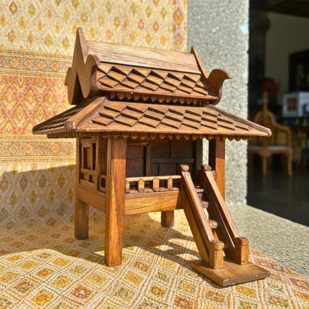 Hand Carved Teak Wood Spirit House: Traditional Thai Architectural Miniature