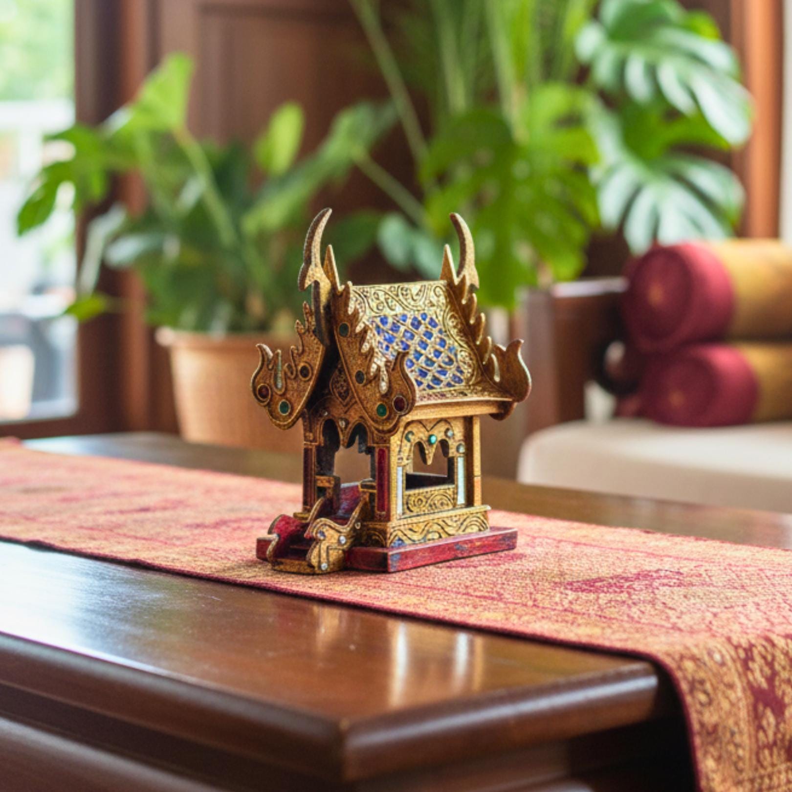 Hand Painted Thai Teak Wood Spirit House: Traditional Temple Shrine, Folk Art