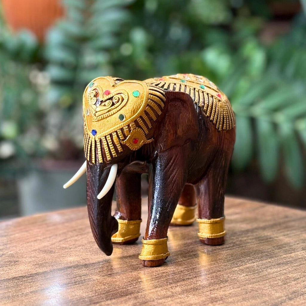 Wooden Elephant Sculpture, Handcarved Thai Decor: Golden Elephant Figurine, Cultural Folk Art Accent
