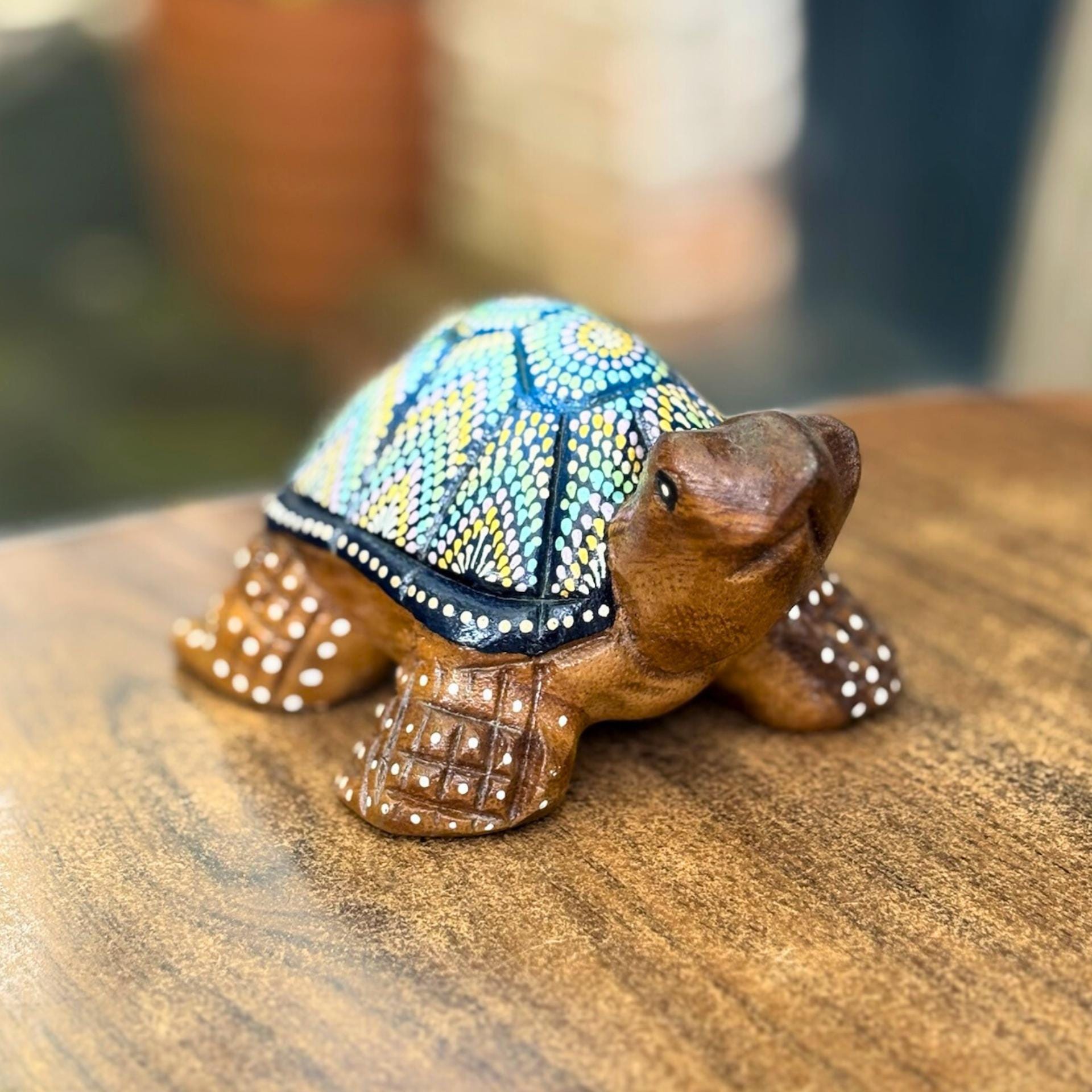 Hand Painted Turtle Figurine: Thai Tribal Folk Art Decor, Carved Wood Animal Statue