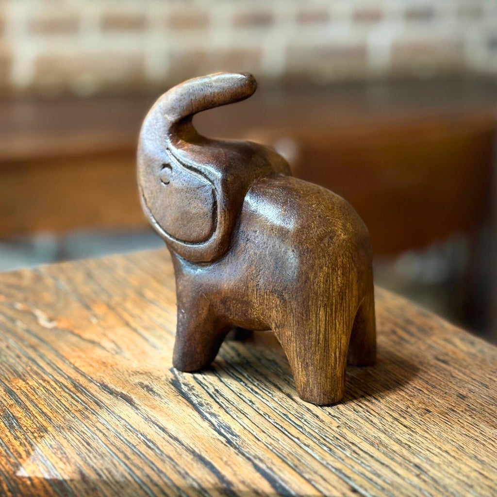 Wood Elephant Figurine | Handcarved Thai Lucky Elephant | Minimalist Wooden Animal Decor