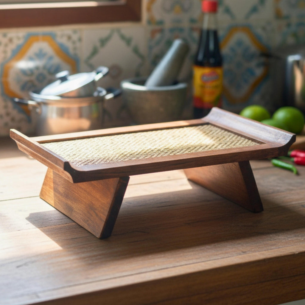 Handcrafted Hardwood Serving Tray: Woven Rattan Elevated Riser for Serving & Tea Set Display