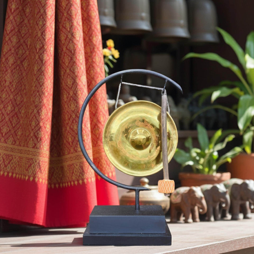 Minimalist Metal Gong on Stand: Golden Brass Zen Decor