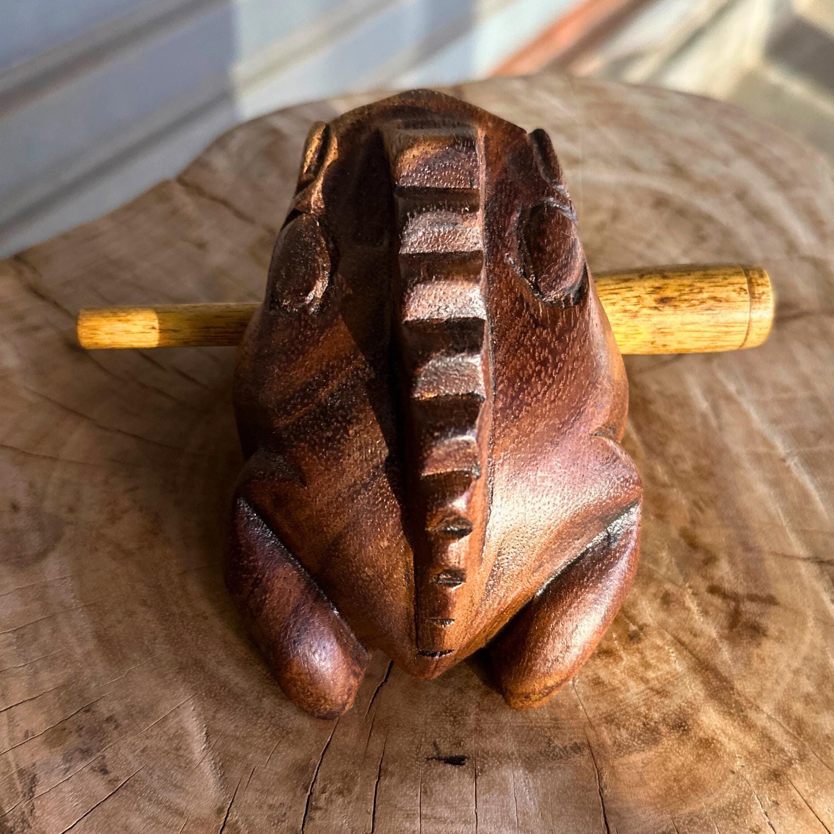 Hand Carved Wood Frog Musical Instrument: Croaking Sound Guiro Toy