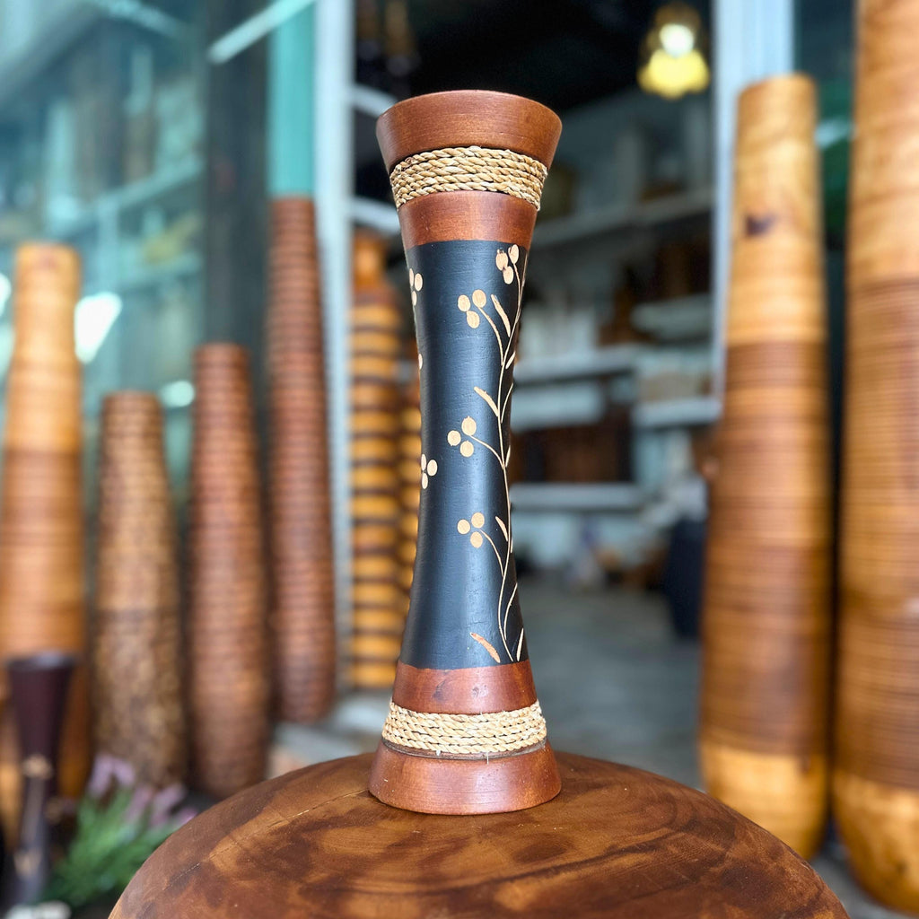 Hand Carved Wooden Floor Vase: Tall Thai Rustic Boho Entryway Accent Decor