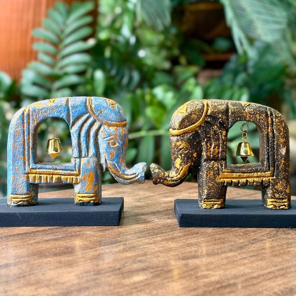 Handcarved Elephant with Bell: Wood Brass Figurine Symbolic Decor