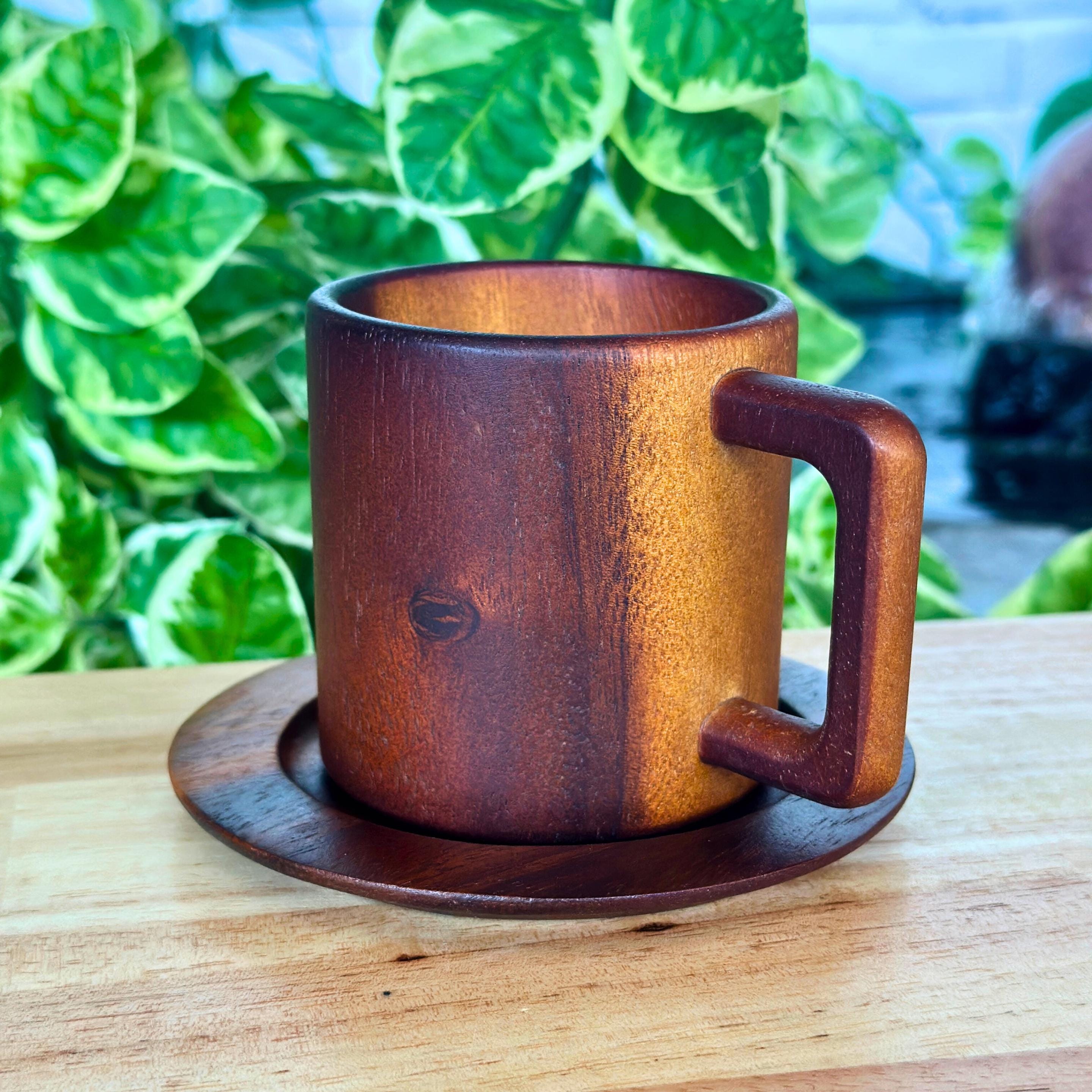 Hand Carved Wood Coffee Mug and Saucer Set: Rustic Teak Wood Teaware