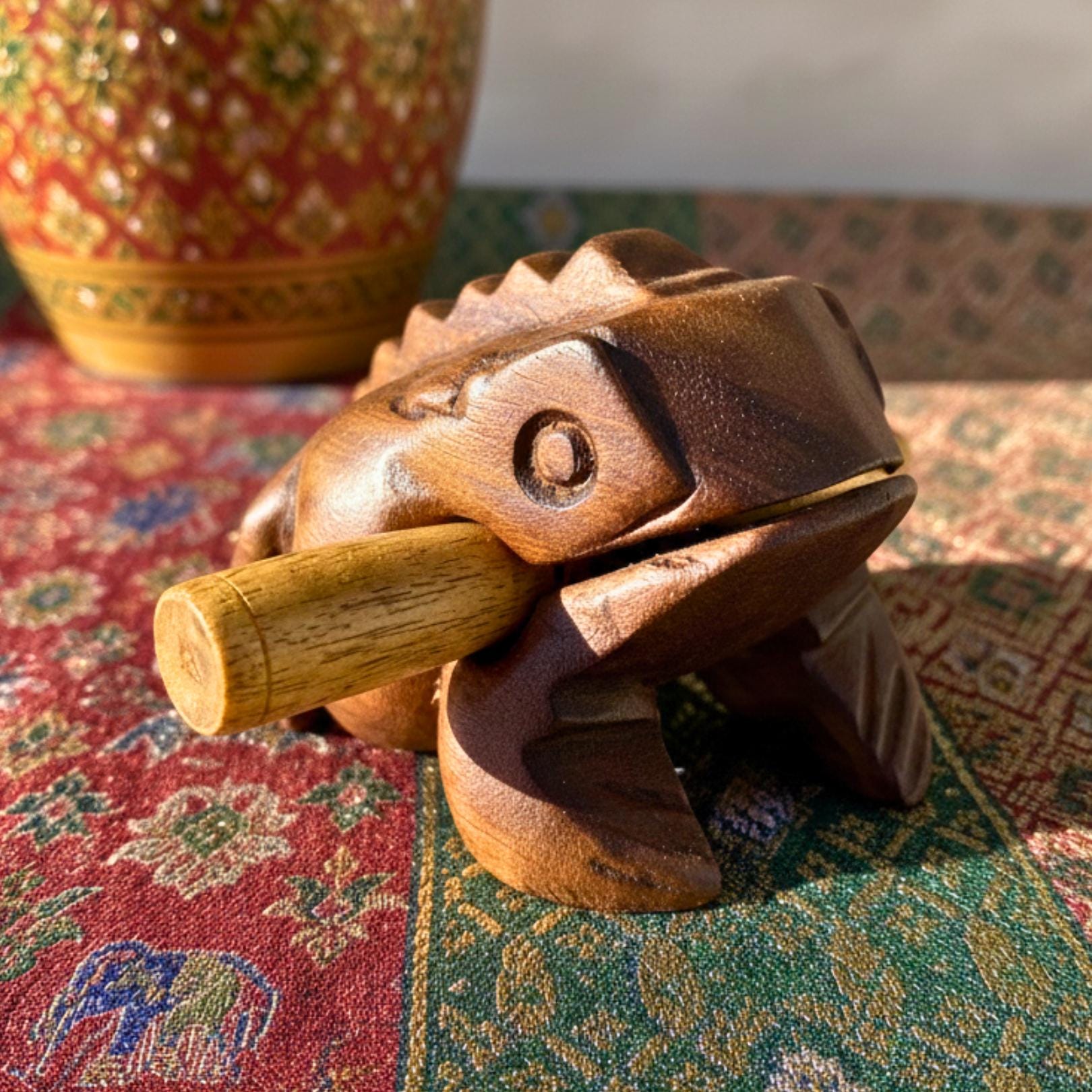Hand Carved Wood Frog Musical Instrument: Croaking Sound Guiro Toy