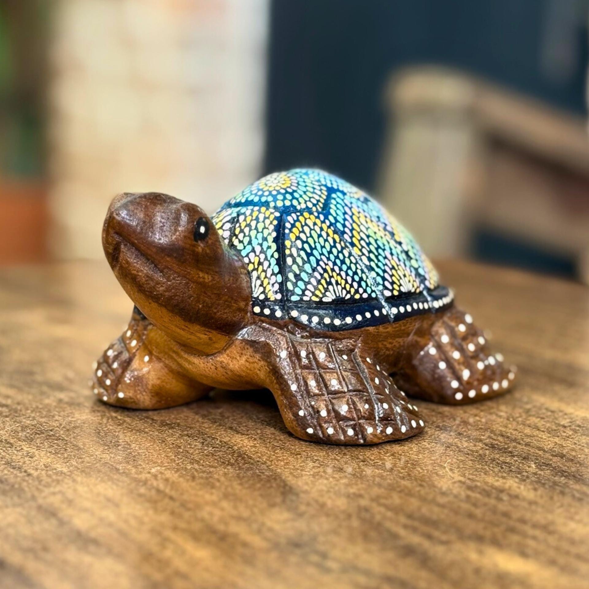 Hand Painted Turtle Figurine: Thai Tribal Folk Art Decor, Carved Wood Animal Statue