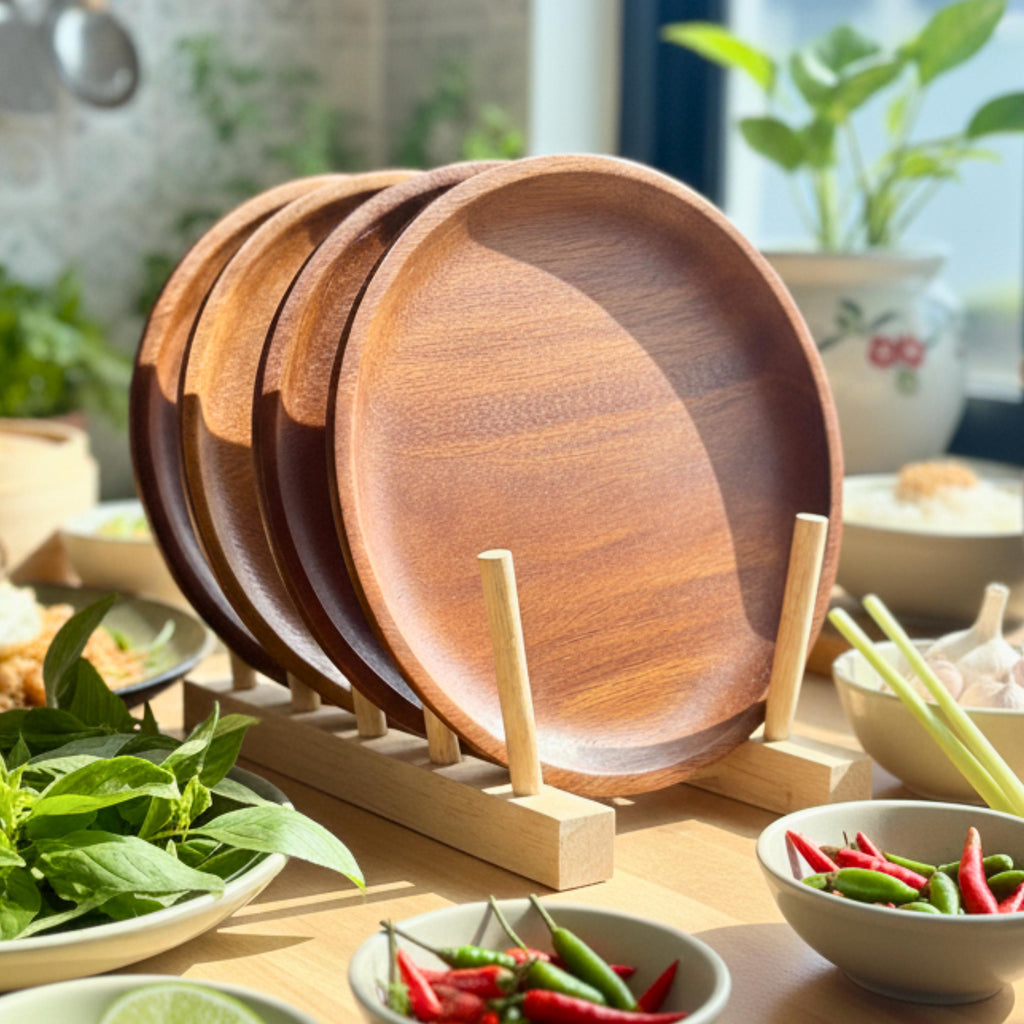 Hand Carved Hardwood Dinner Plates 8”: Deep Tone Rustic Dinnerware