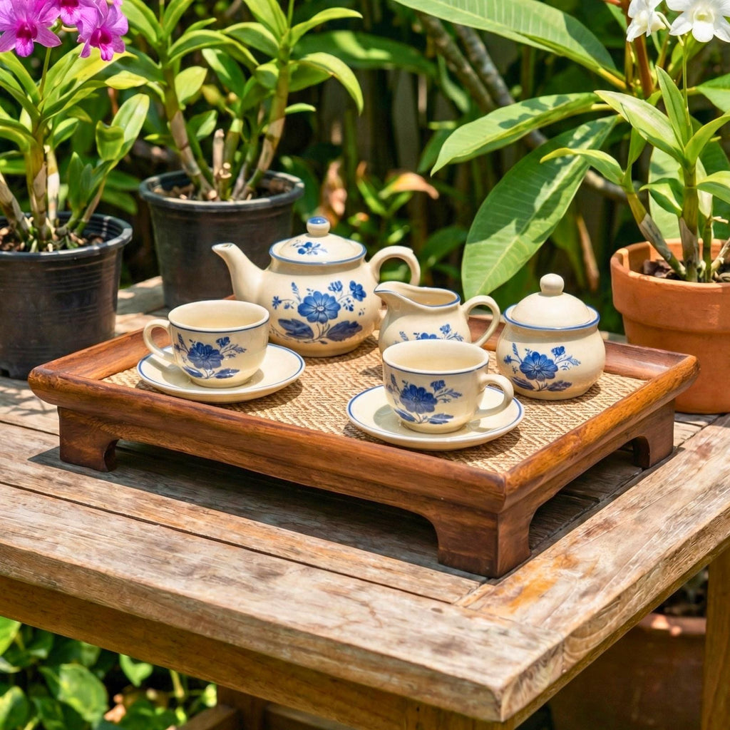 Handcrafted Hardwood Serving Tray: Woven Rattan Elevated Riser for Serving & Tea Set Display