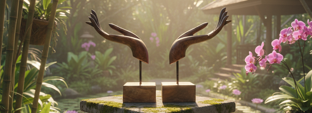 Two bronze sculptures of birds on a pedestal in a lush garden with pink flowers and a traditional building in the background.