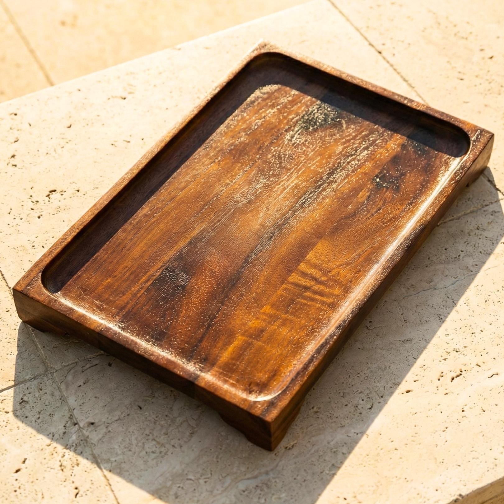 Teak Wood Serving Tray 15 Inch Handcrafted Platter, Housewarming Gift for Minimalist