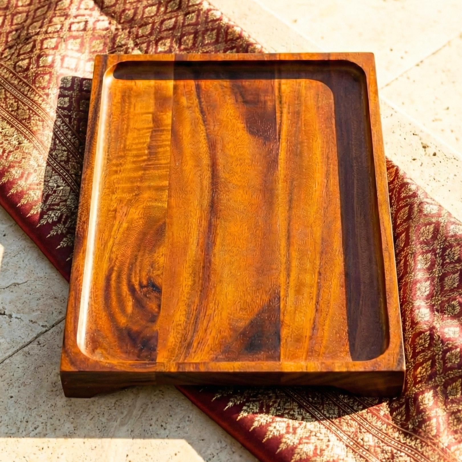 Teak Wood Serving Tray 15 Inch Handcrafted Platter, Housewarming Gift for Minimalist