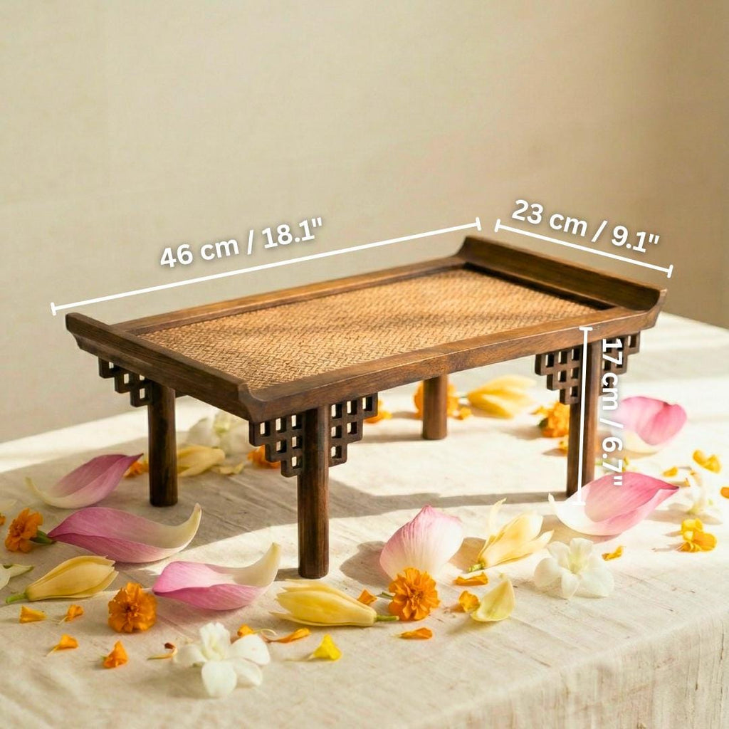 Teak Wood Altar Stand 18 Inch Rattan Display Tray for Zen Home Decor