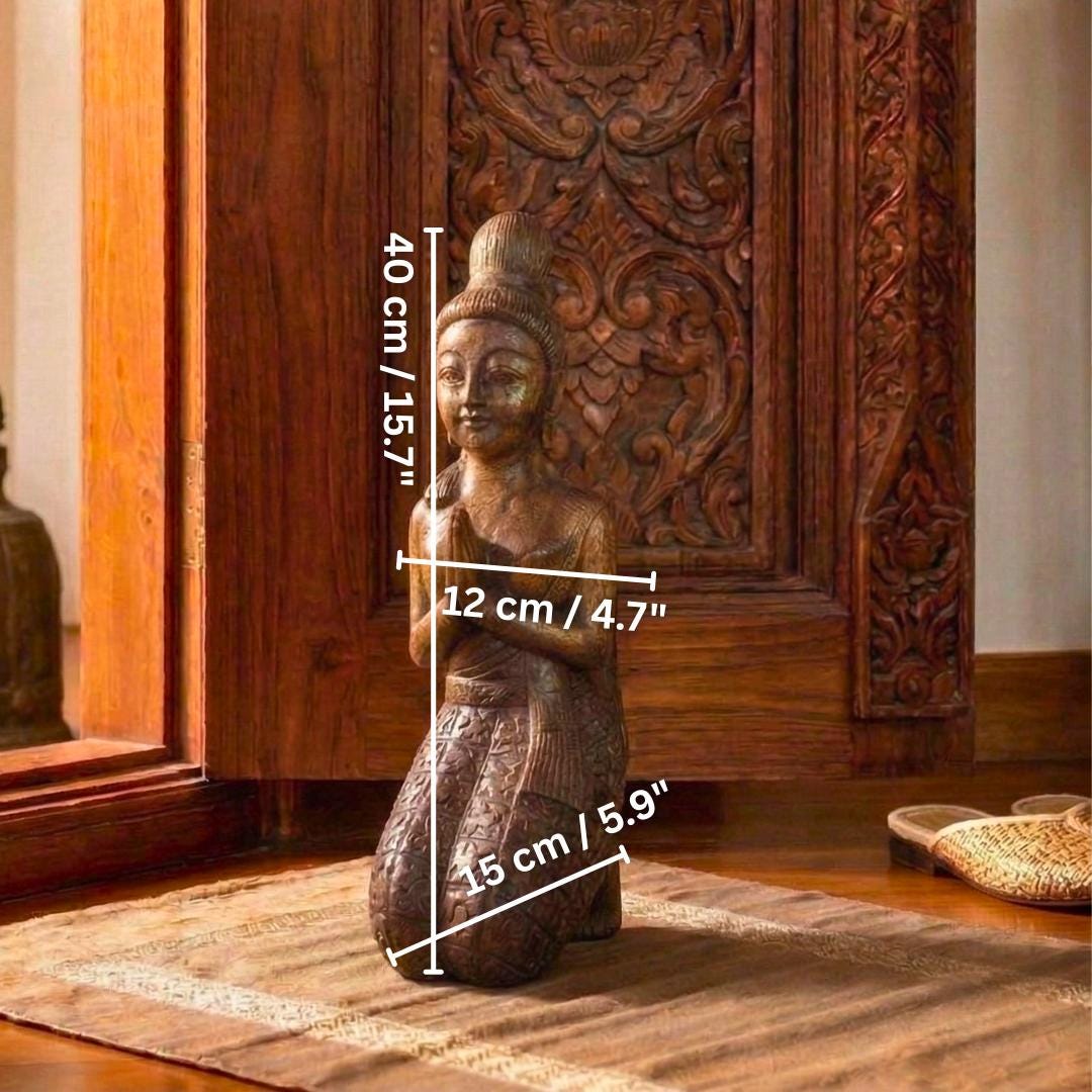 Acacia Wood Kneeling Lady, 16 Inch Wai Greeting Sculpture, Housewarming Gift for Minimalist