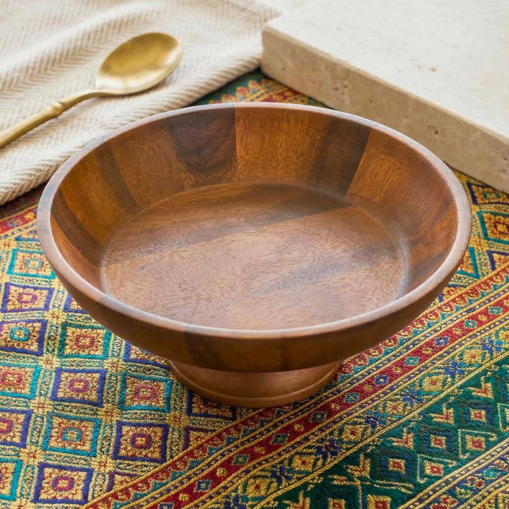 Pedestal Fruit Bowl Acacia Wood Natural 13 Inch Table Centerpiece