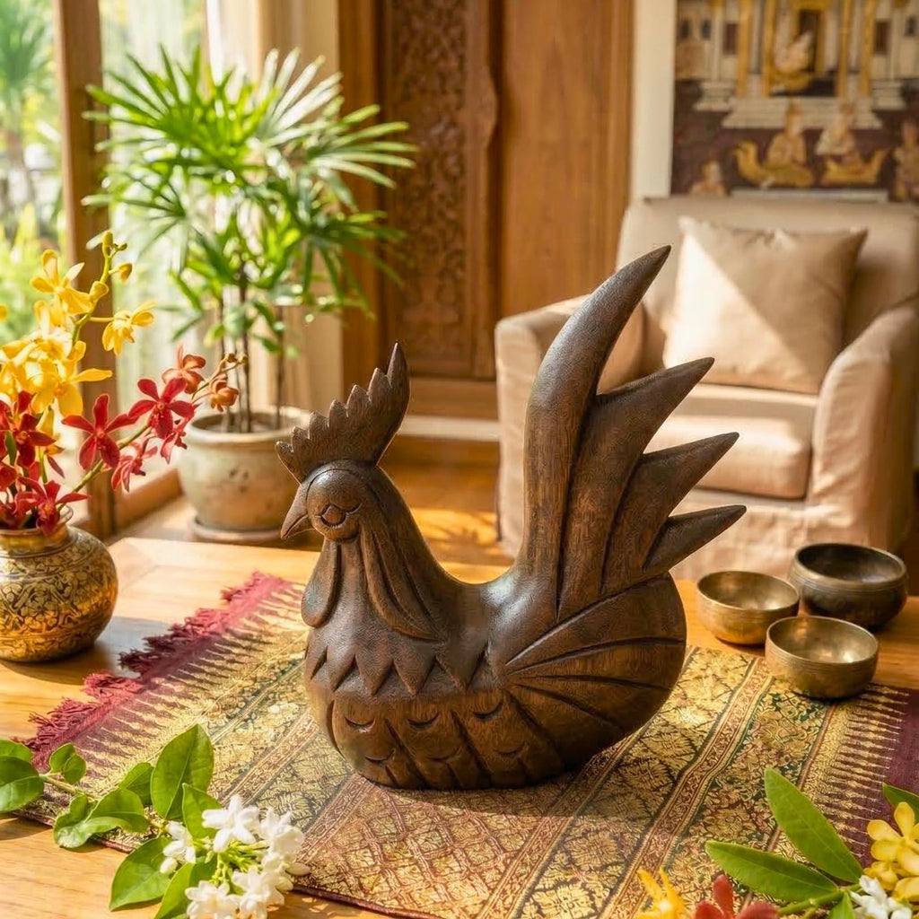 Rooster Chicken Sculpture Dark Teak Wood Hand Carved Espresso Finish