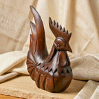 Rooster Chicken Sculpture Dark Teak Wood Hand Carved Espresso Finish - Siam Wood Artisans