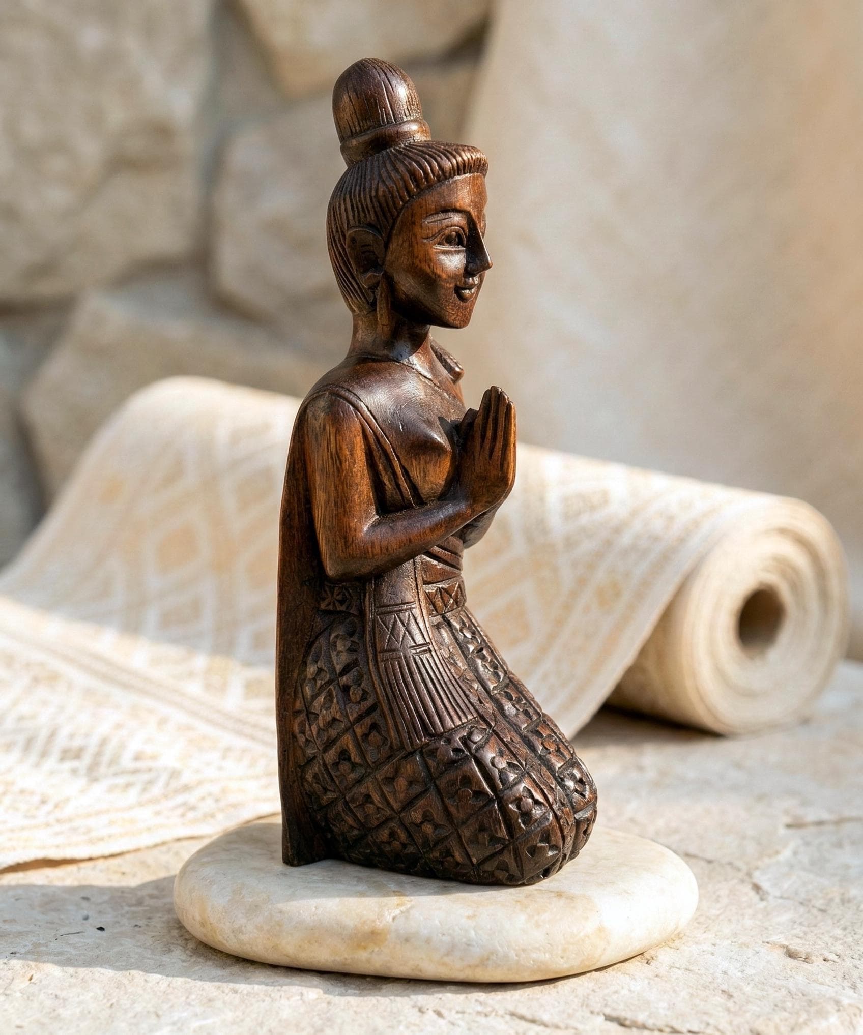 Acacia Wood Kneeling Lady, 16 Inch Wai Greeting Sculpture, Housewarming Gift for Minimalist