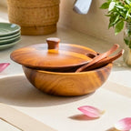 Handmade Acacia Wood Salad Bowl with Lid and Serving Utensils - Siam Wood Artisans
