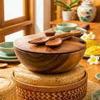 Handmade Acacia Wood Salad Bowl with Lid and Serving Utensils - Siam Wood Artisans