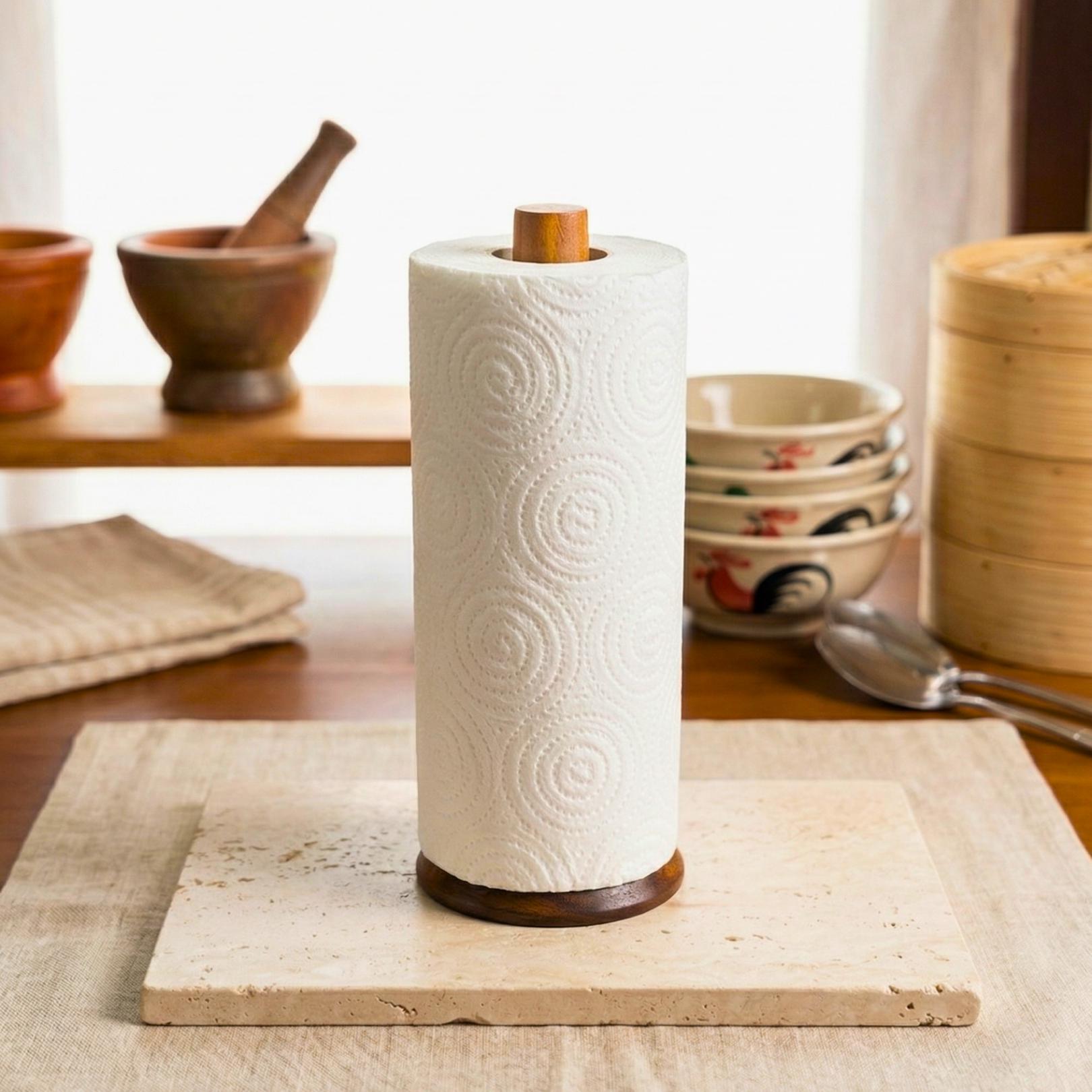 Handmade Acacia Wood Paper Towel Holder: Vertical Kitchen Tissue Stand
