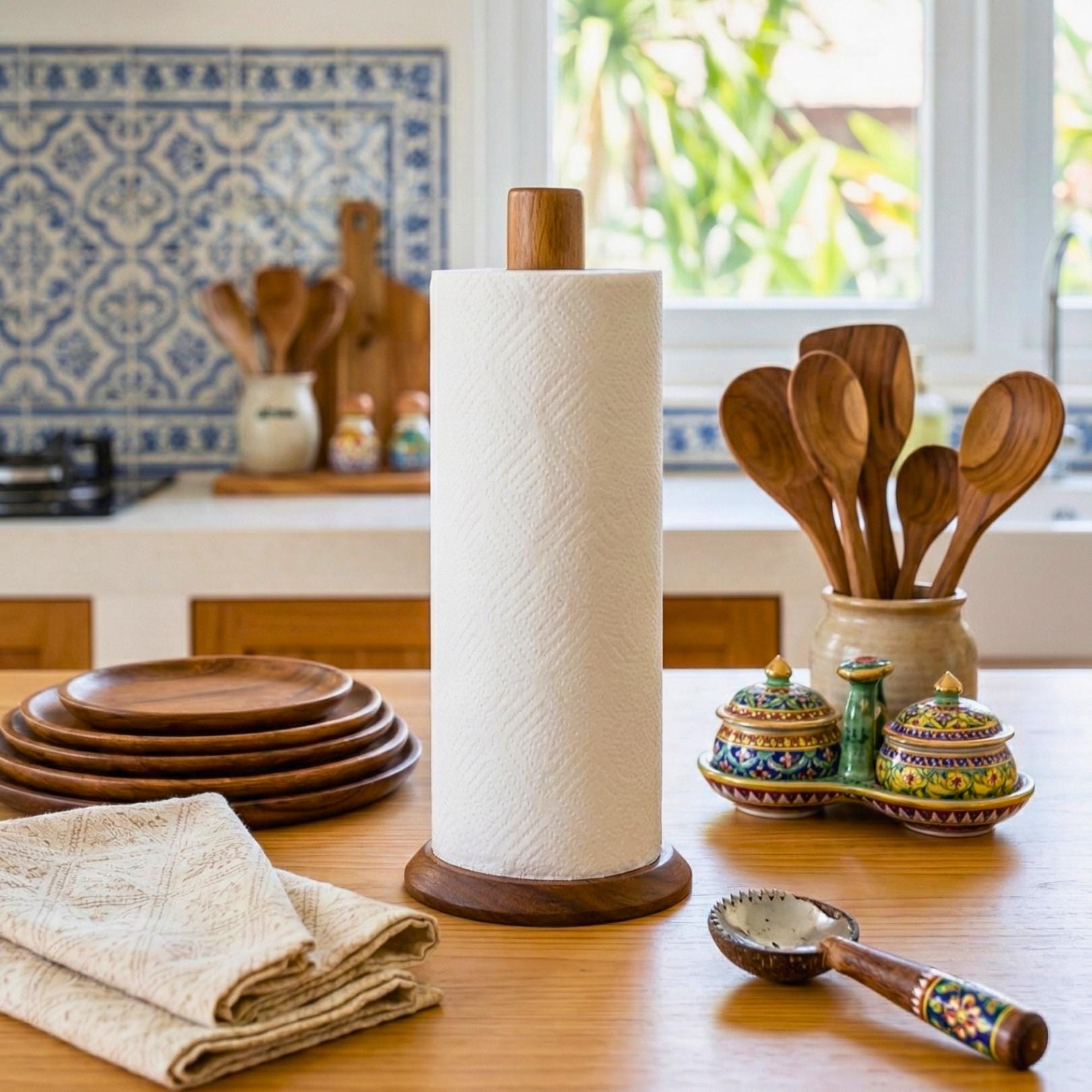 Handmade Acacia Wood Paper Towel Holder: Vertical Kitchen Tissue Stand
